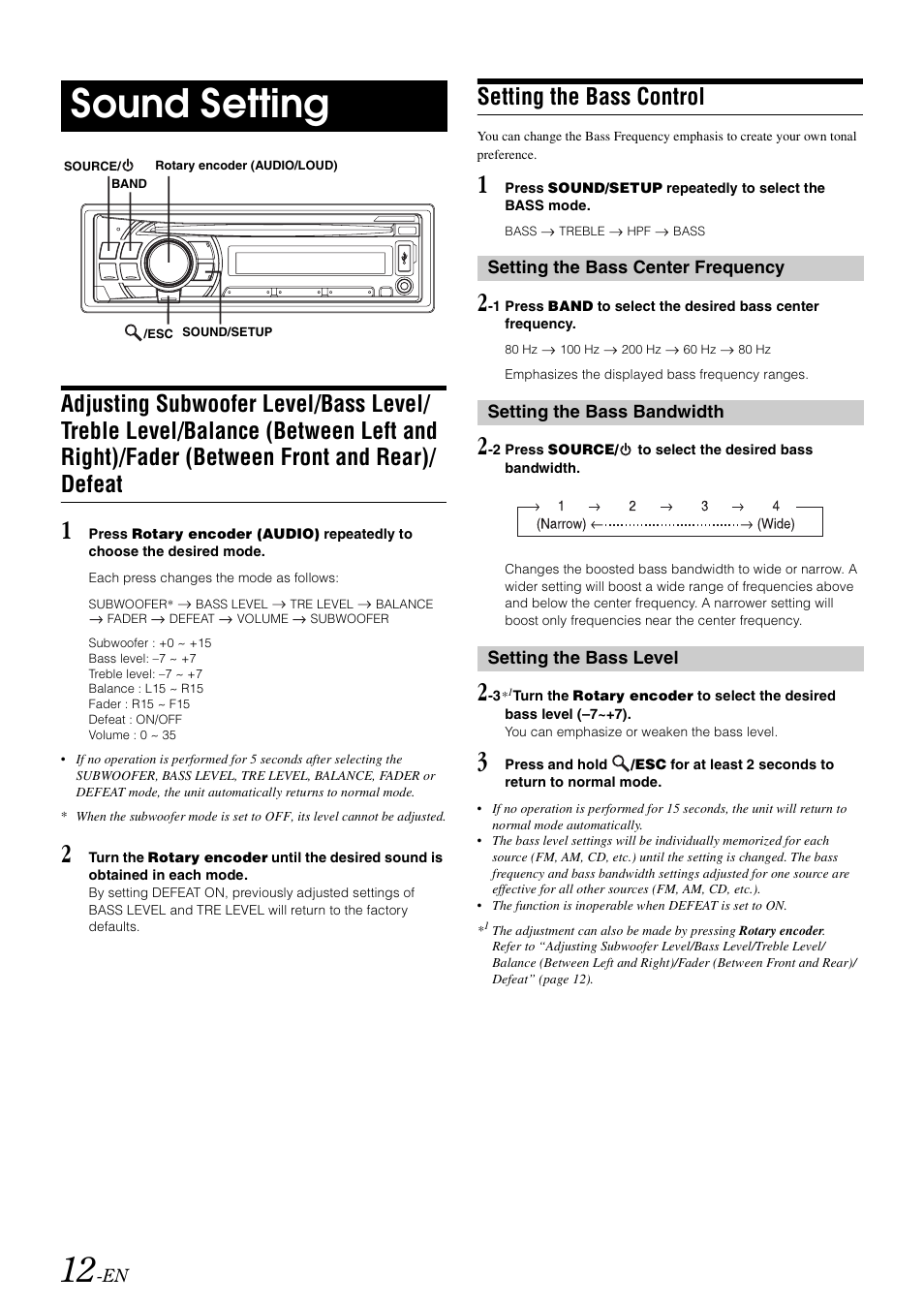 Sound setting, Setting the bass control, Adjusting subwoofer level/bass level/treble | Alpine CDE-102 User Manual | Page 14 / 31