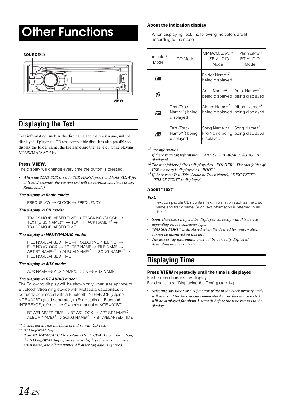 Other functions, Displaying the text, Displaying time | Alpine CDE-102 User Manual | Page 16 / 31