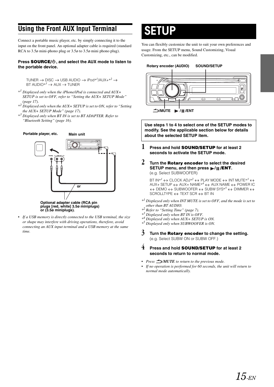 Using the front aux input terminal, Setup | Alpine CDE-102 User Manual | Page 17 / 31