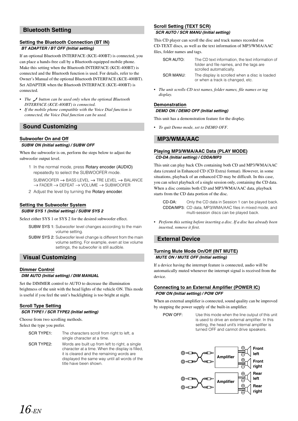 Bluetooth setting, Setting the bluetooth connection (bt in), Sound customizing | Subwoofer on and off, Setting the subwoofer system, Visual customizing, Dimmer control, Scroll type setting, Scroll setting (text scr), Demonstration | Alpine CDE-102 User Manual | Page 18 / 31