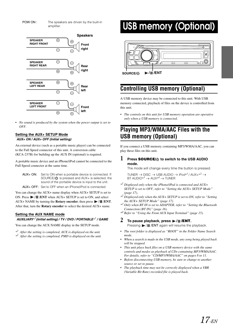 Setting the aux+ setup mode, Setting the aux name mode, Usb memory (optional) | Controlling usb memory (optional), Playing mp3/wma/aac files with the usb, Memory (optional) | Alpine CDE-102 User Manual | Page 19 / 31
