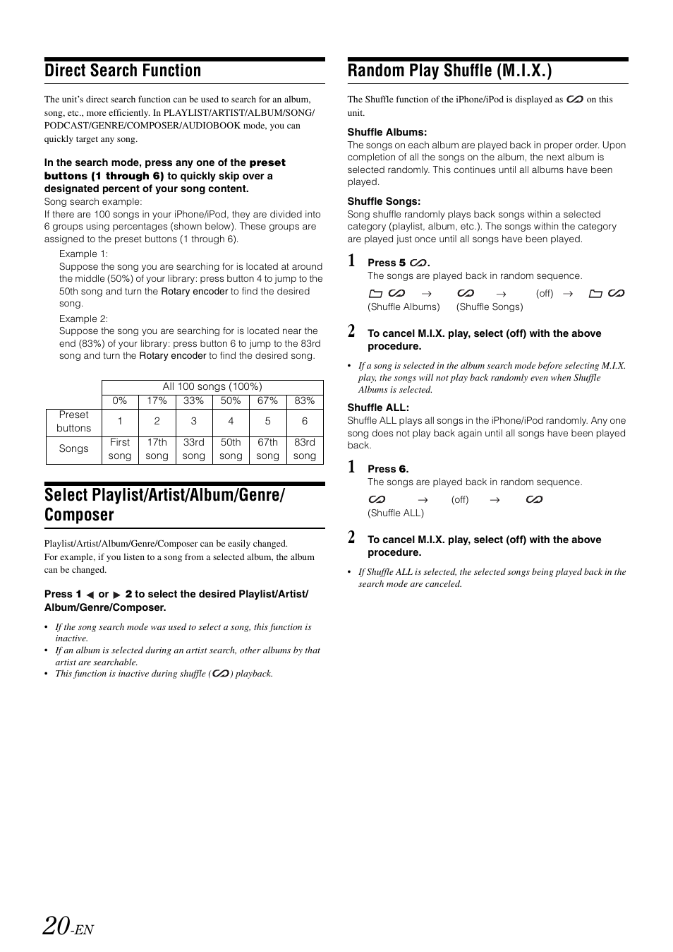 Direct search function, Select playlist/artist/album/genre/ composer, Random play shuffle (m.i.x.) | Select playlist/artist/album/genre, Composer | Alpine CDE-102 User Manual | Page 22 / 31