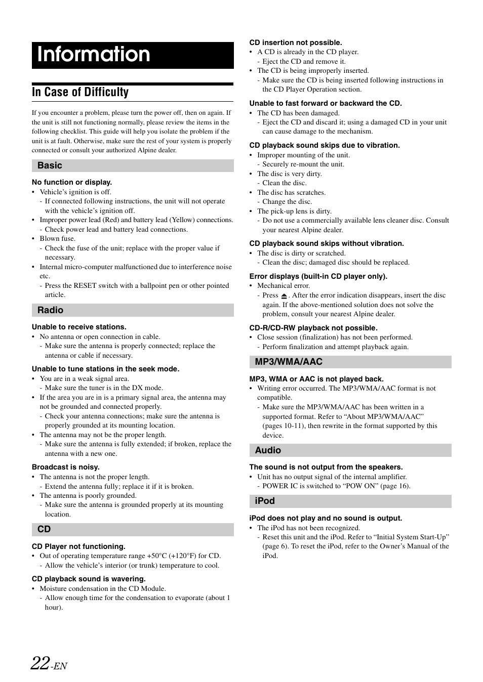 Information, In case of difficulty | Alpine CDE-102 User Manual | Page 24 / 31