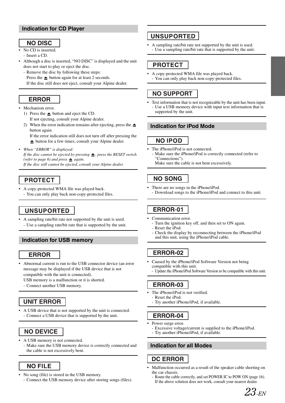 Unit error no device, No support | Alpine CDE-102 User Manual | Page 25 / 31