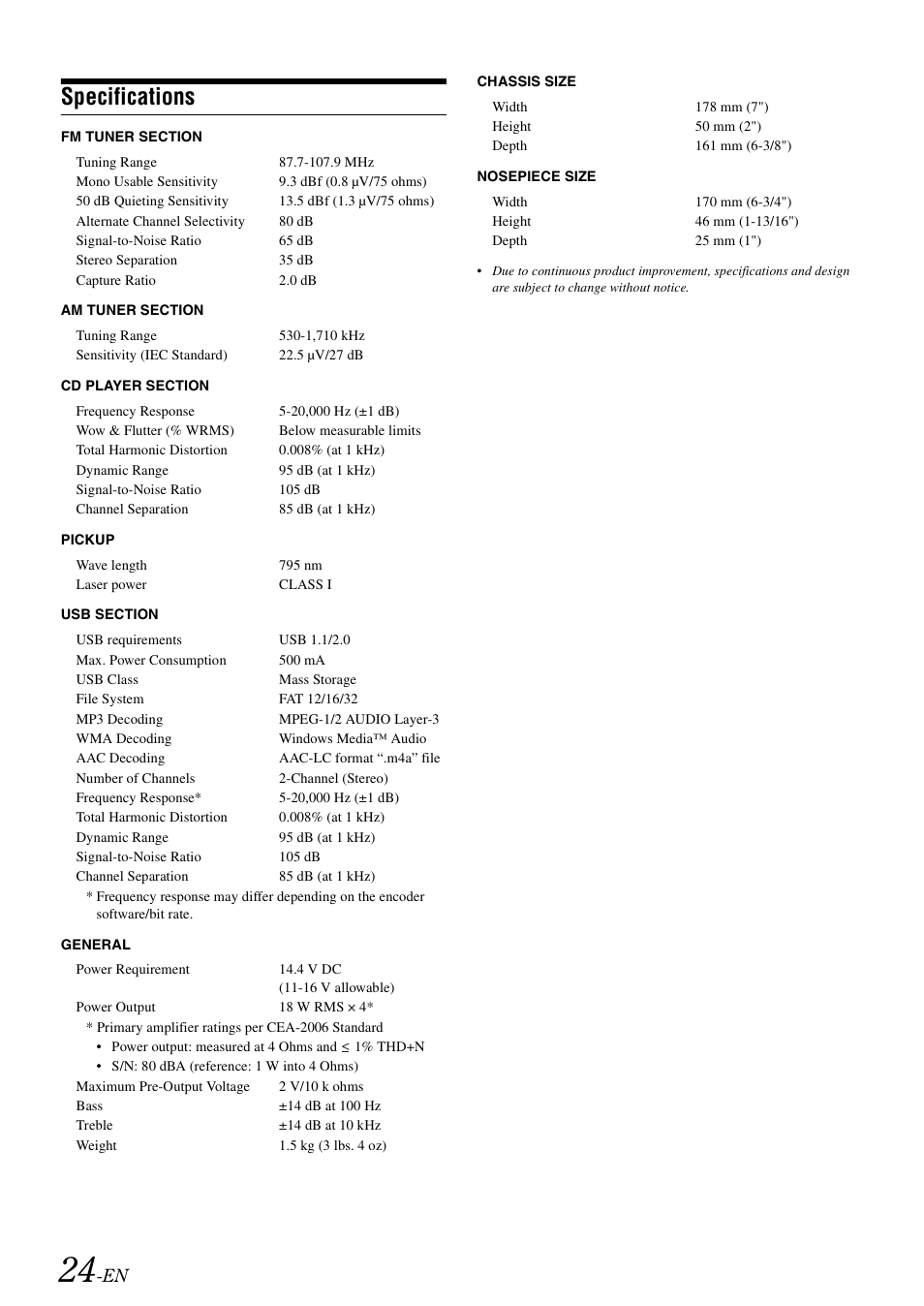 Specifications | Alpine CDE-102 User Manual | Page 26 / 31