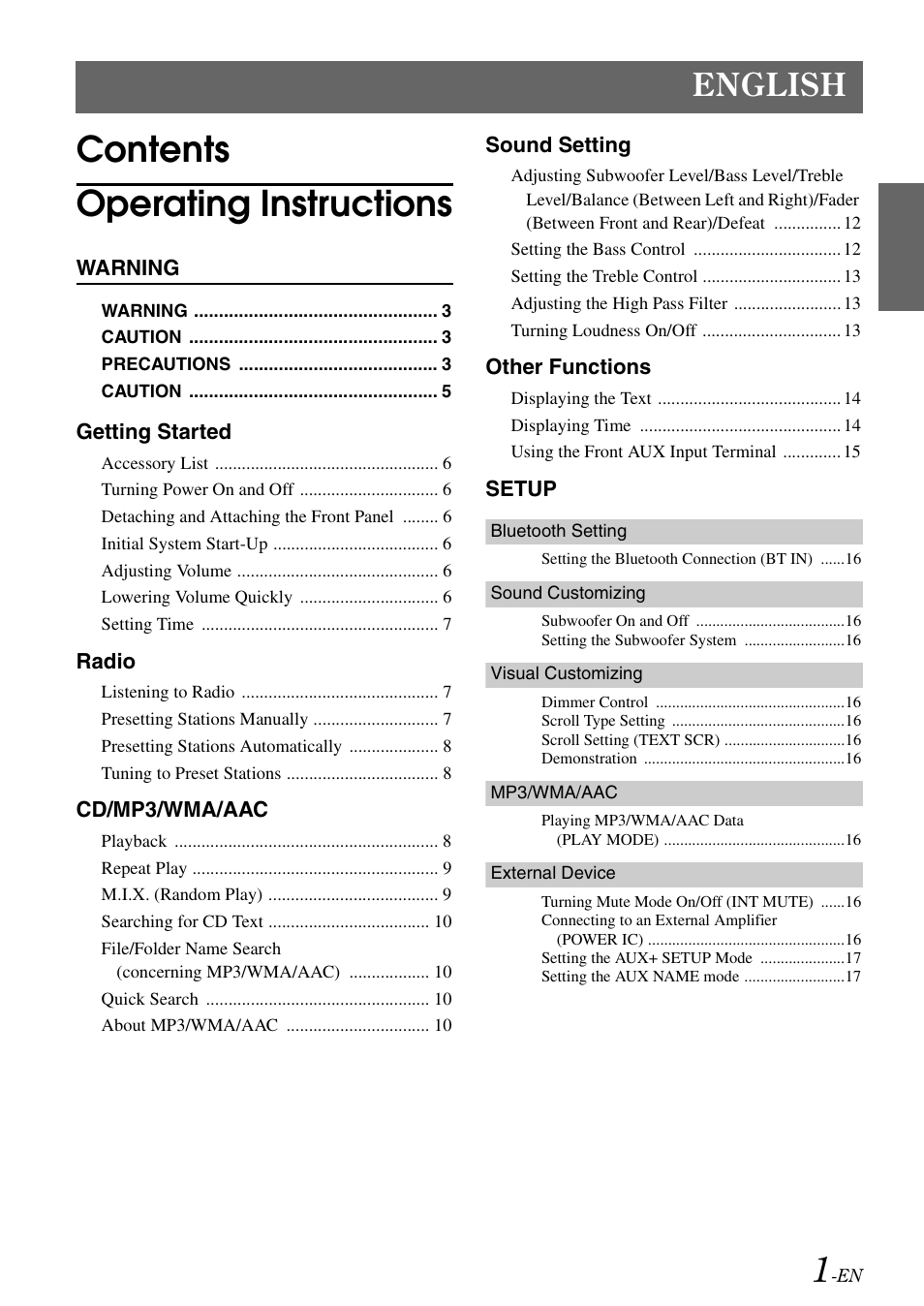 Contents operating instructions, English | Alpine CDE-102 User Manual | Page 3 / 31