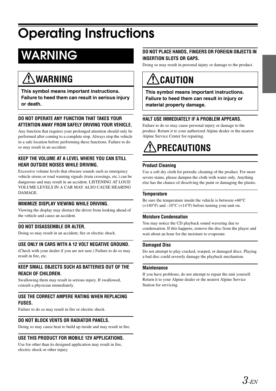 Operating instructions, Warning, Caution | Precautions | Alpine CDE-102 User Manual | Page 5 / 31