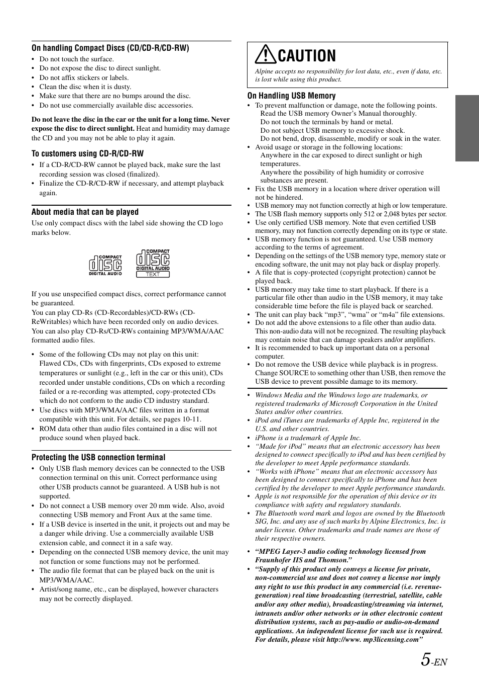 Caution | Alpine CDE-102 User Manual | Page 7 / 31