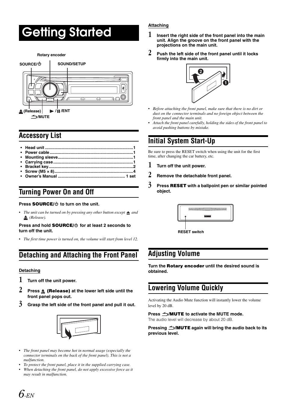 Getting started, Accessory list, Turning power on and off | Detaching and attaching the front panel, Initial system start-up, Adjusting volume, Lowering volume quickly | Alpine CDE-102 User Manual | Page 8 / 31