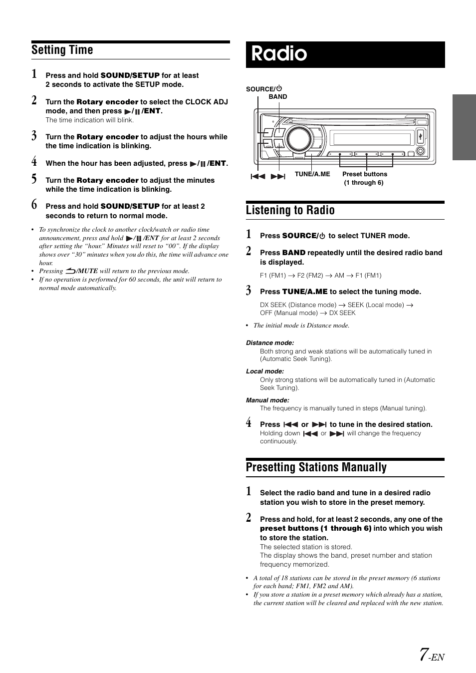 Setting time, Radio, Listening to radio | Presetting stations manually | Alpine CDE-102 User Manual | Page 9 / 31