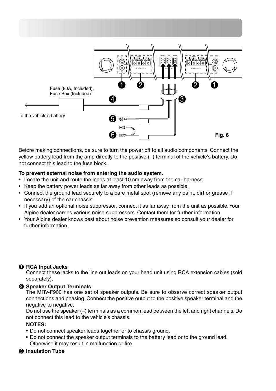 Connections, Speaker output terminals the mrv, Insulation tube | Fig. 6, F900 | Alpine MRV-F900 User Manual | Page 12 / 28