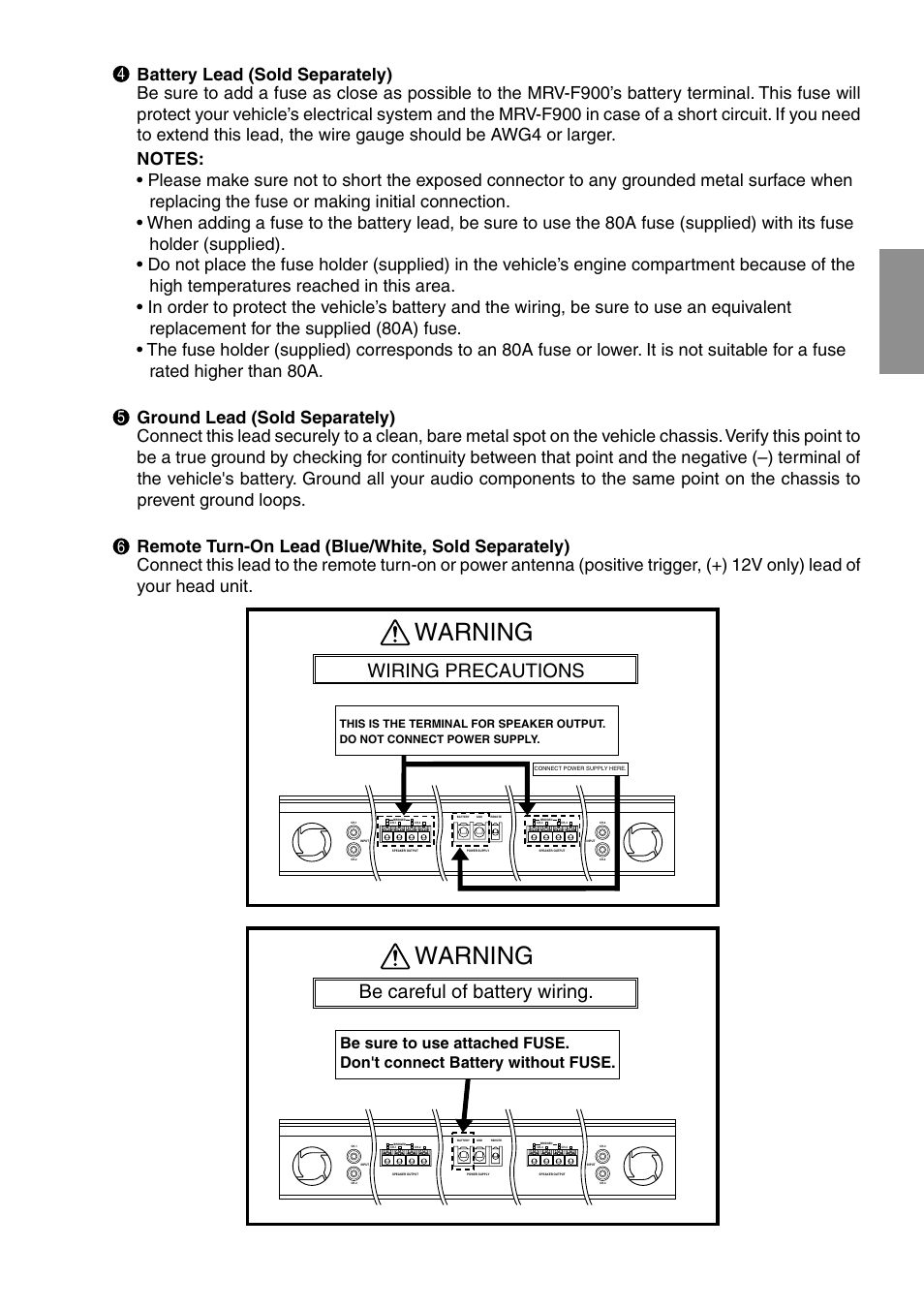 Warning, Be careful of battery wiring, Wiring precautions | Alpine MRV-F900 User Manual | Page 13 / 28