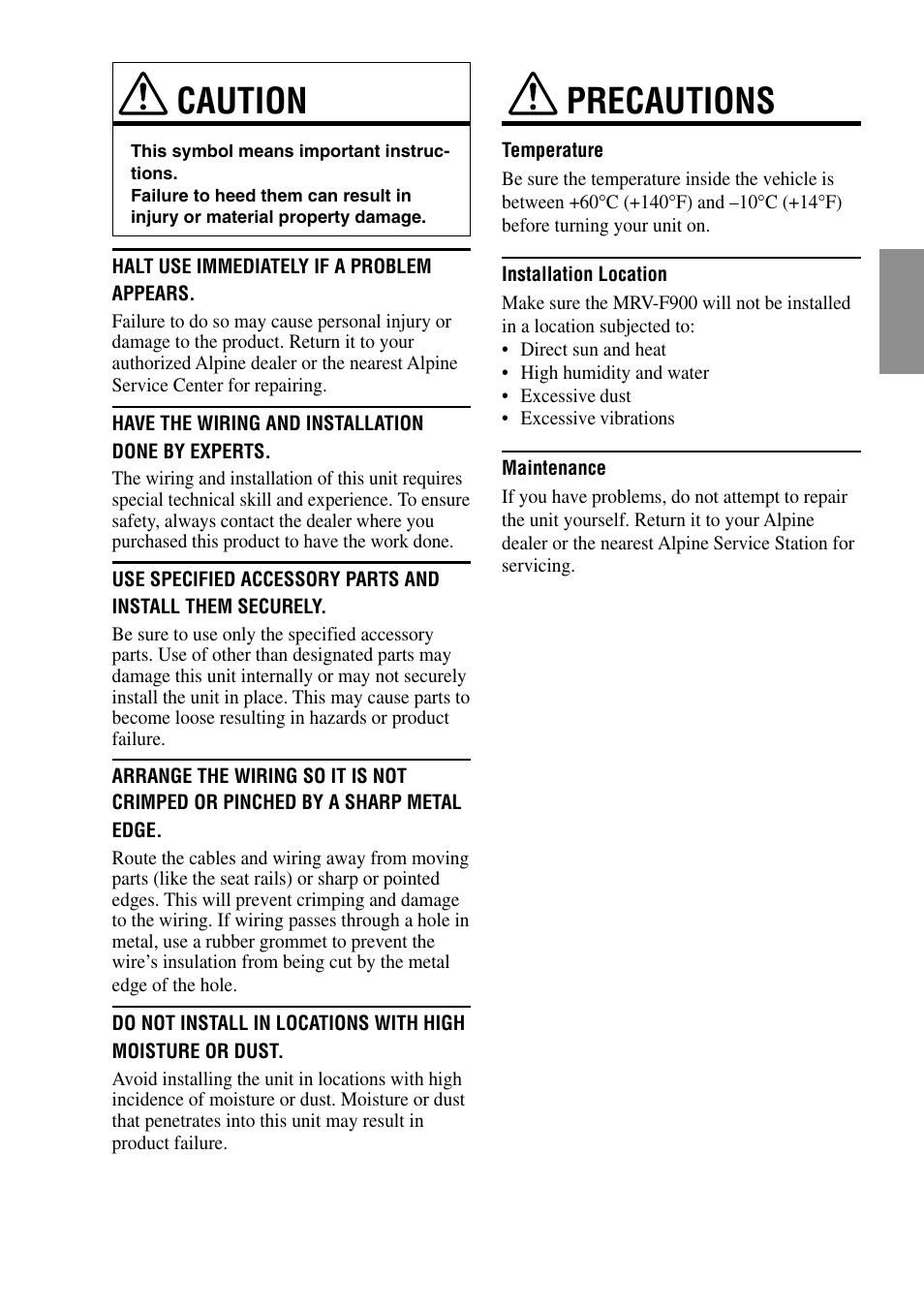 Caution, Precautions | Alpine MRV-F900 User Manual | Page 9 / 28