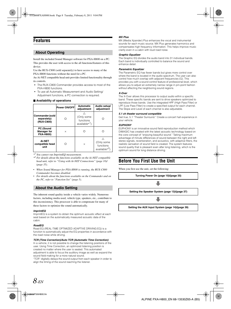 Features, Before you first use the unit, About operating | About the audio setting | Alpine PXA-H800 User Manual | Page 10 / 66