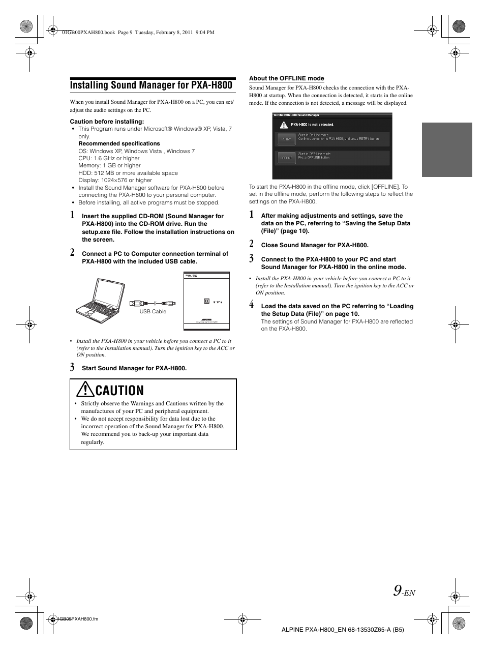Caution, Installing sound manager for pxa-h800 | Alpine PXA-H800 User Manual | Page 11 / 66