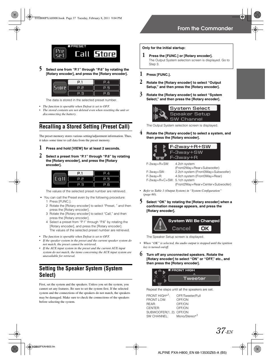 Recalling a stored setting (preset call), Setting the speaker system (system select) | Alpine PXA-H800 User Manual | Page 39 / 66