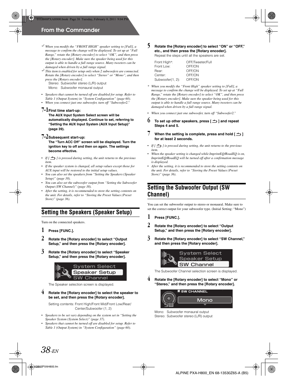 Setting the speakers (speaker setup), Setting the subwoofer output (sw channel) | Alpine PXA-H800 User Manual | Page 40 / 66