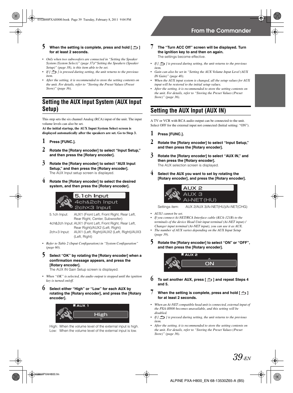 Setting the aux input system (aux input setup), Setting the aux input (aux in) | Alpine PXA-H800 User Manual | Page 41 / 66