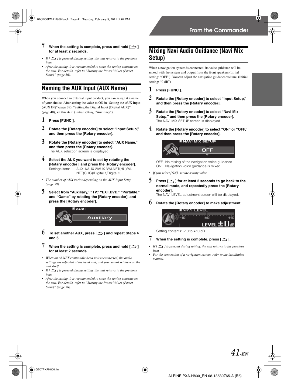 Naming the aux input (aux name), Mixing navi audio guidance (navi mix setup) | Alpine PXA-H800 User Manual | Page 43 / 66