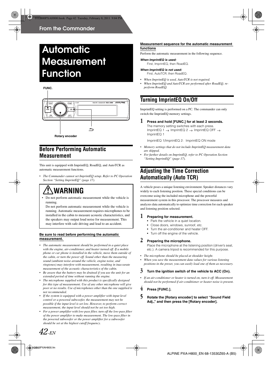 Automatic measurement function, Warning, Before performing automatic measurement | Turning imprinteq on/off | Alpine PXA-H800 User Manual | Page 44 / 66