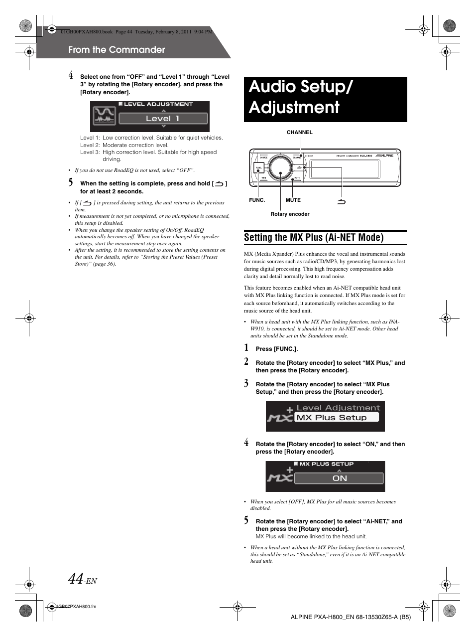 Audio setup/ adjustment, Setting the mx plus (ai-net mode) | Alpine PXA-H800 User Manual | Page 46 / 66