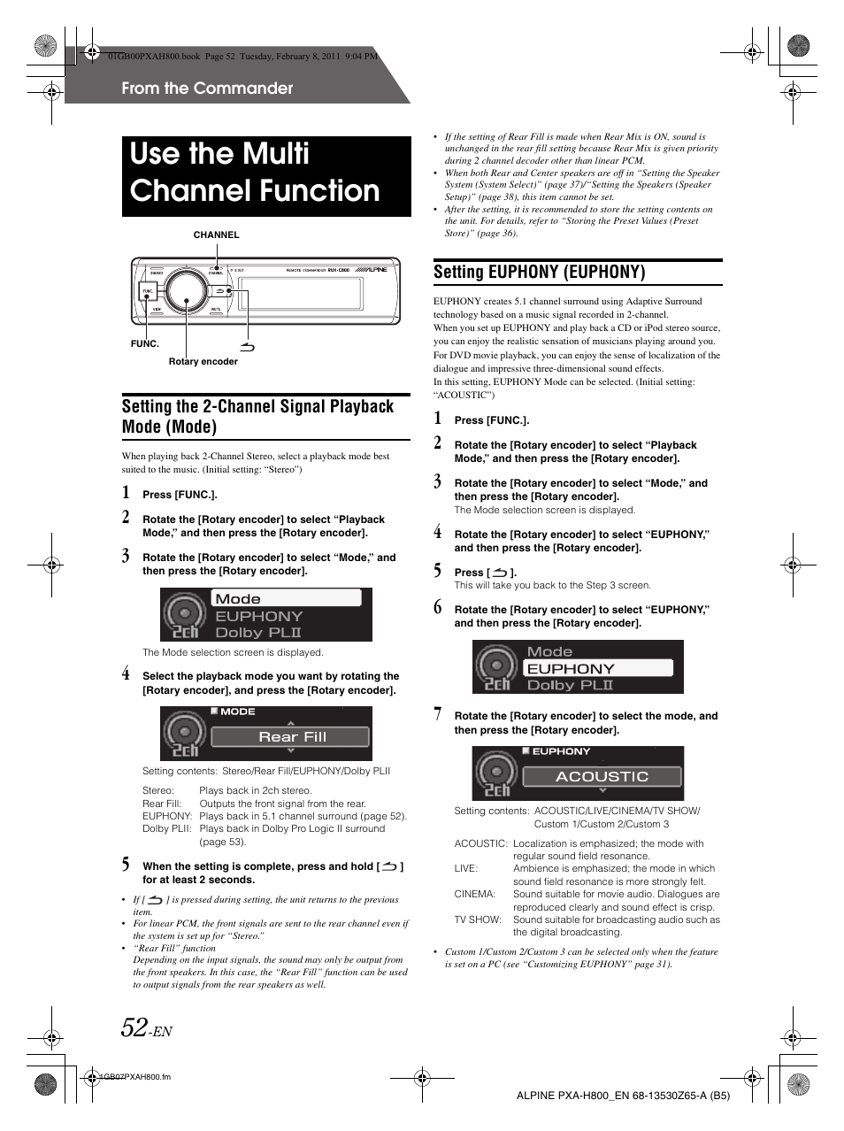 Use the multi channel function, Setting the 2-channel signal playback mode (mode), Setting euphony (euphony) | Alpine PXA-H800 User Manual | Page 54 / 66