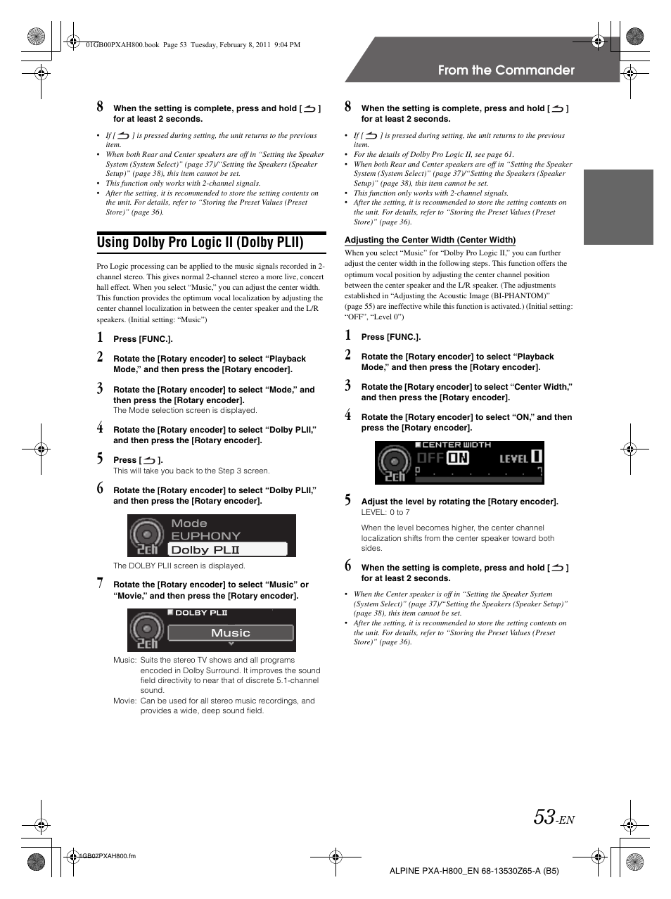 Using dolby pro logic ii (dolby plii) | Alpine PXA-H800 User Manual | Page 55 / 66