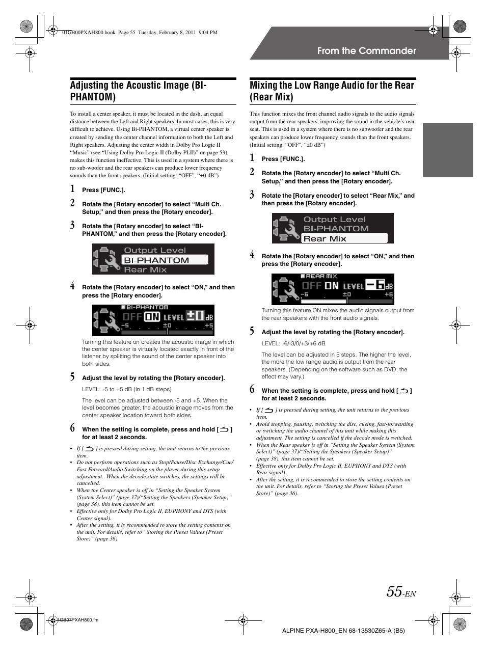 Adjusting the acoustic image (bi- phantom), Mixing the low range audio for the rear (rear mix) | Alpine PXA-H800 User Manual | Page 57 / 66