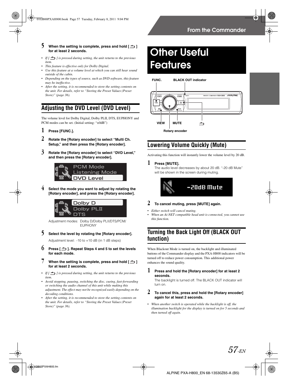 Other useful features, Adjusting the dvd level (dvd level), Lowering volume quickly (mute) | Turning the back light off (black out function) | Alpine PXA-H800 User Manual | Page 59 / 66