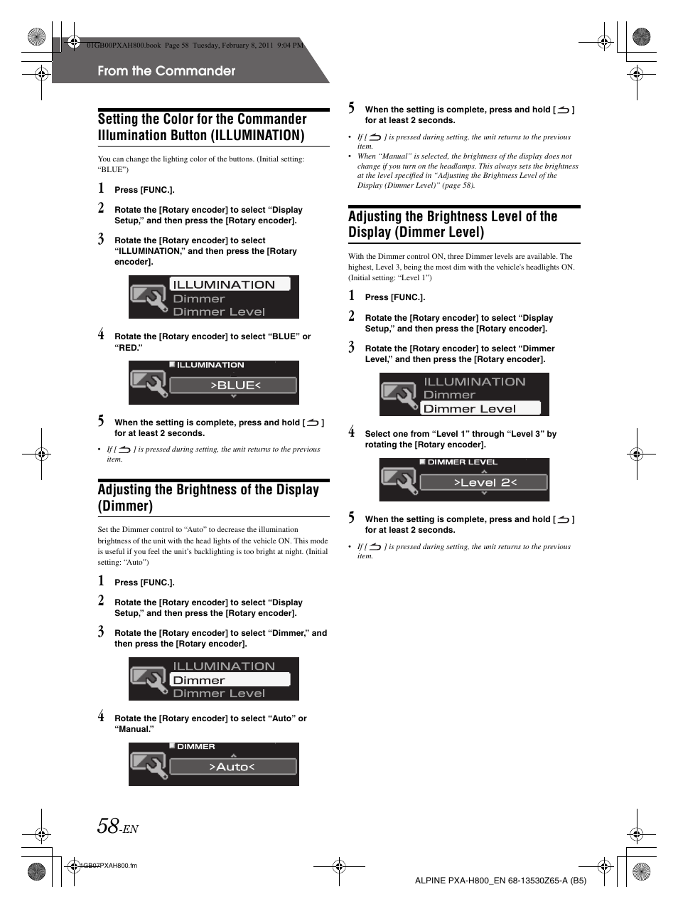 Adjusting the brightness of the display (dimmer) | Alpine PXA-H800 User Manual | Page 60 / 66