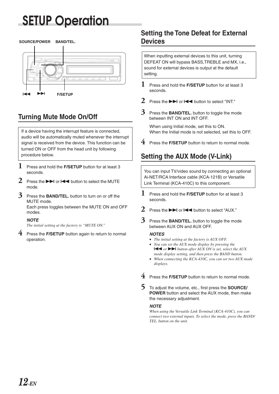 Tel mute on / off, Tone defeat for external devices, Aux mode on / off | Setup operation, Setting the tone defeat for external devices, Setting the aux mode (v-link), Turning mute mode on/off | Alpine CDA-9826 User Manual | Page 14 / 42