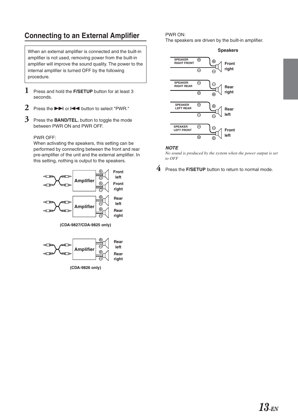 Internal amp on / off, Connecting to an external amplifier | Alpine CDA-9826 User Manual | Page 15 / 42