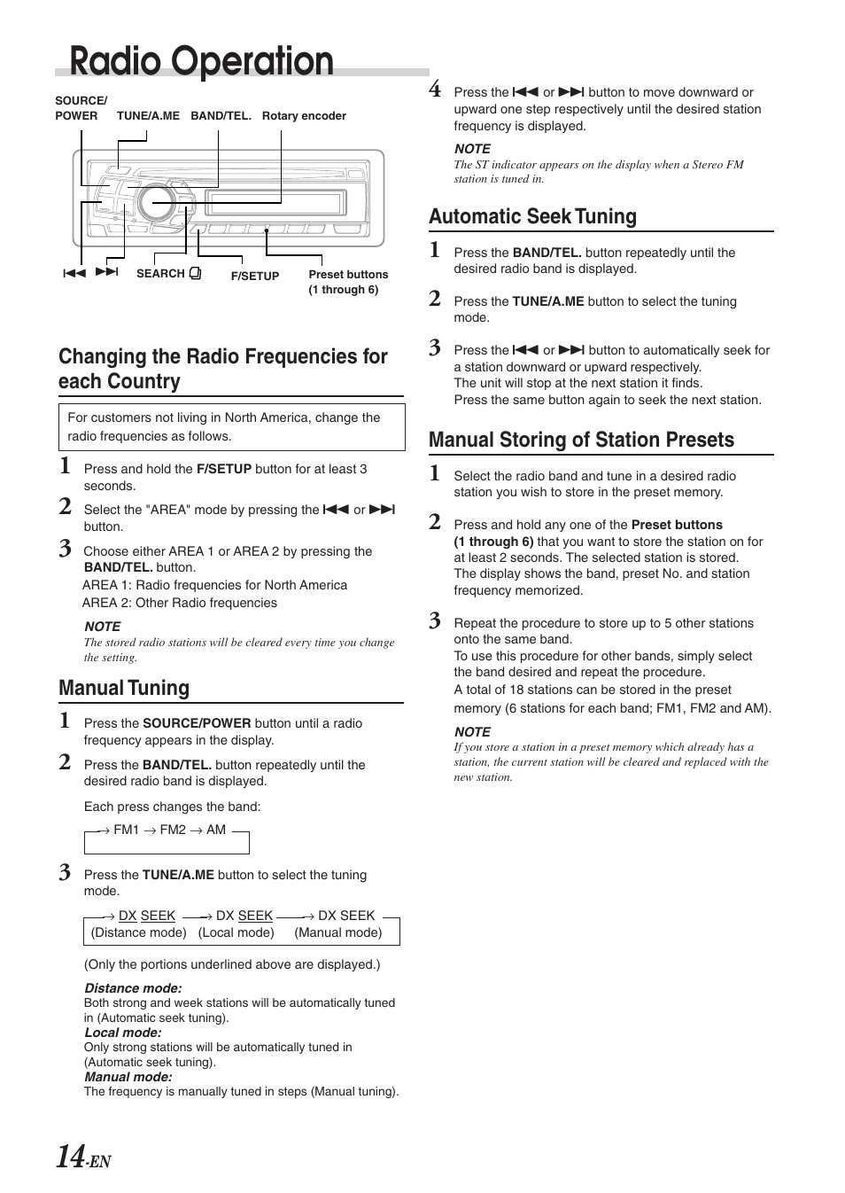 Radio operation, Changing tuning step, Manual tuning | Auto seek tuning, Storing presets, Changing the radio frequencies for each country, Automatic seek tuning, Manual storing of station presets | Alpine CDA-9826 User Manual | Page 16 / 42