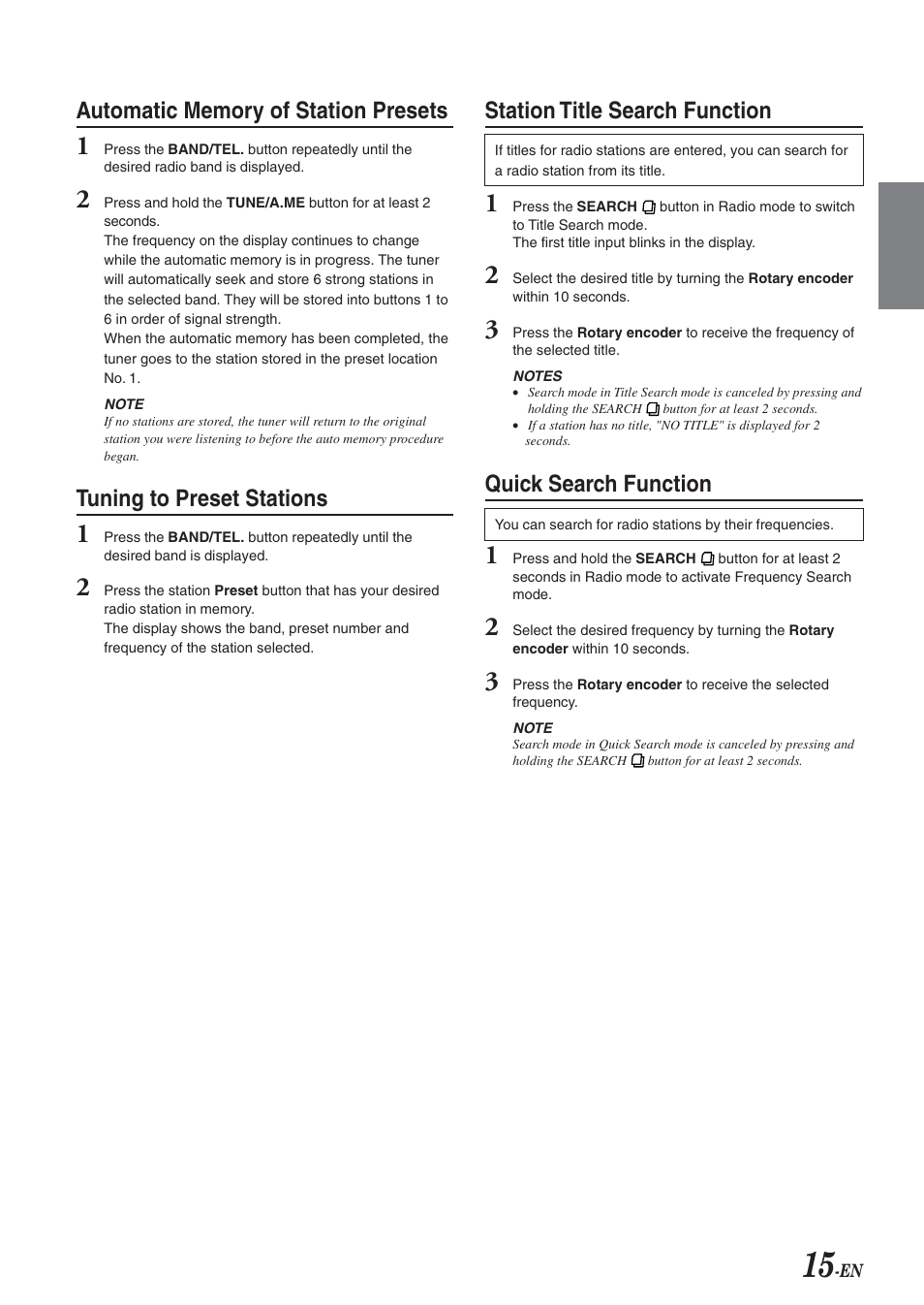 Storing presets automatically, Tuning to presets, Station title search | Quick search, Tuning to preset stations, Station title search function, Quick search function | Alpine CDA-9826 User Manual | Page 17 / 42
