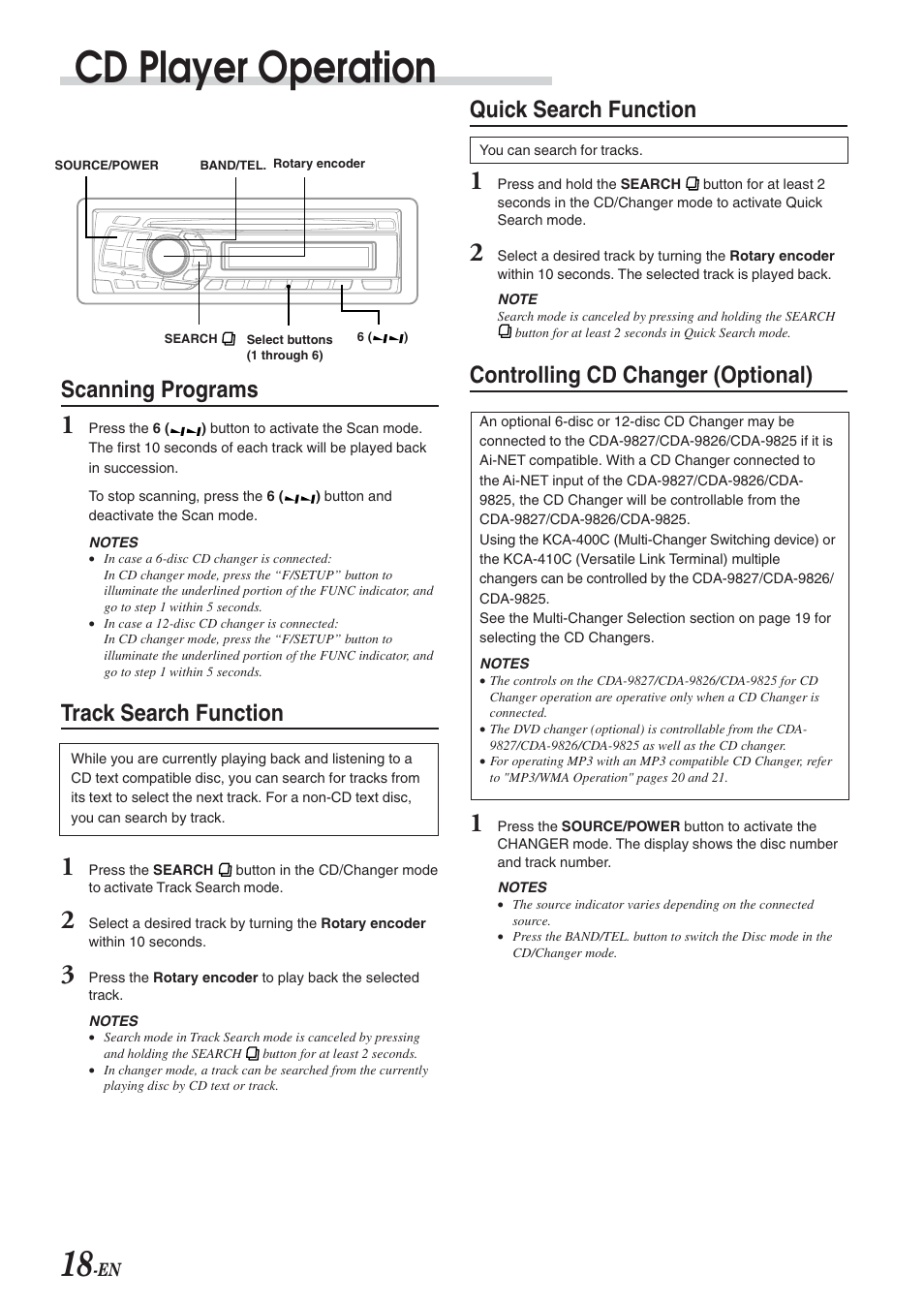 Scanning programs, Track search function, Quick search function | Controlling cd changer (optional), Cd player operation | Alpine CDA-9826 User Manual | Page 20 / 42