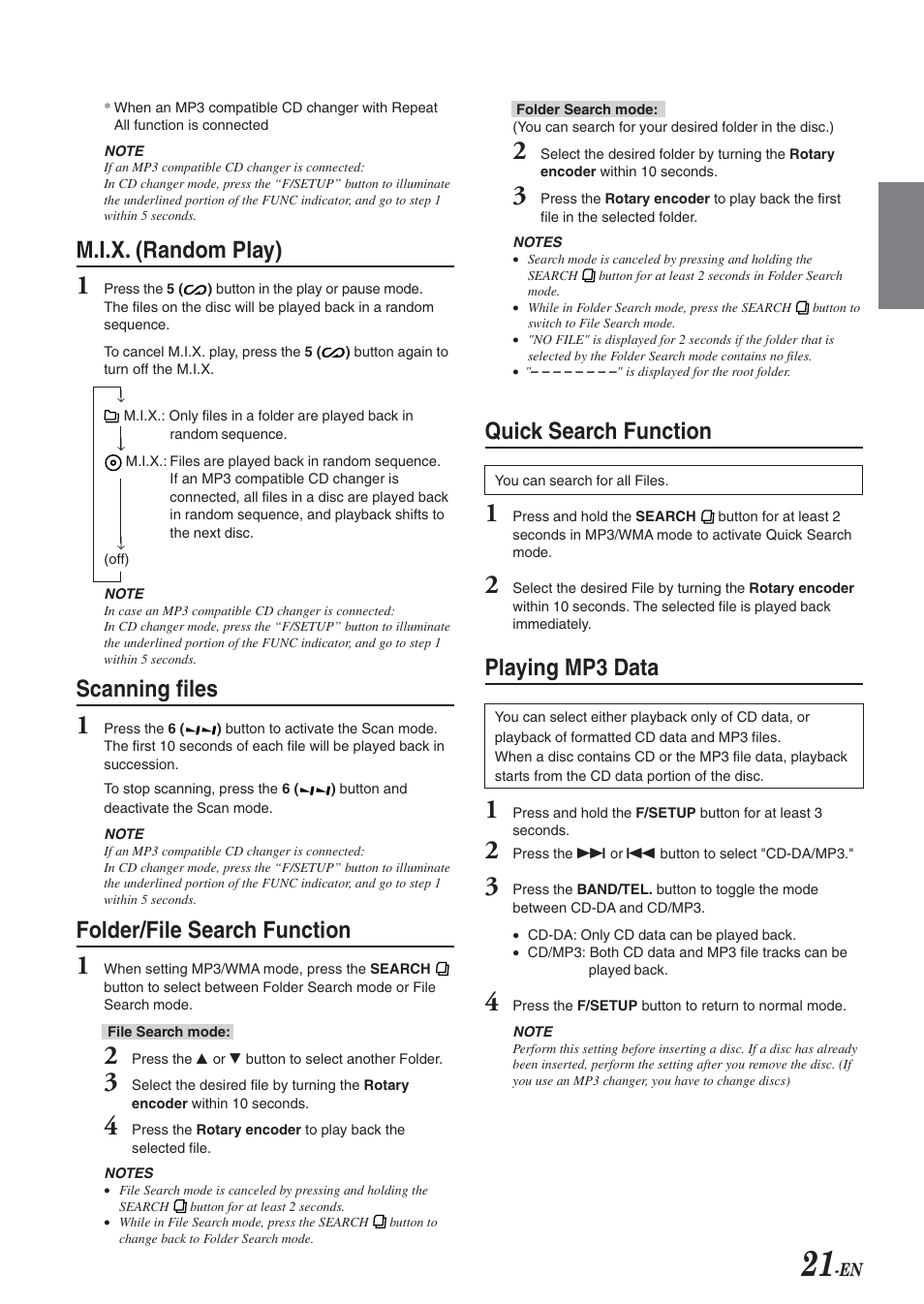 M.i.x. (random play), Scanning files, Folder / file search function | Quick search function, Playing mp3 data, Folder/file search function | Alpine CDA-9826 User Manual | Page 23 / 42