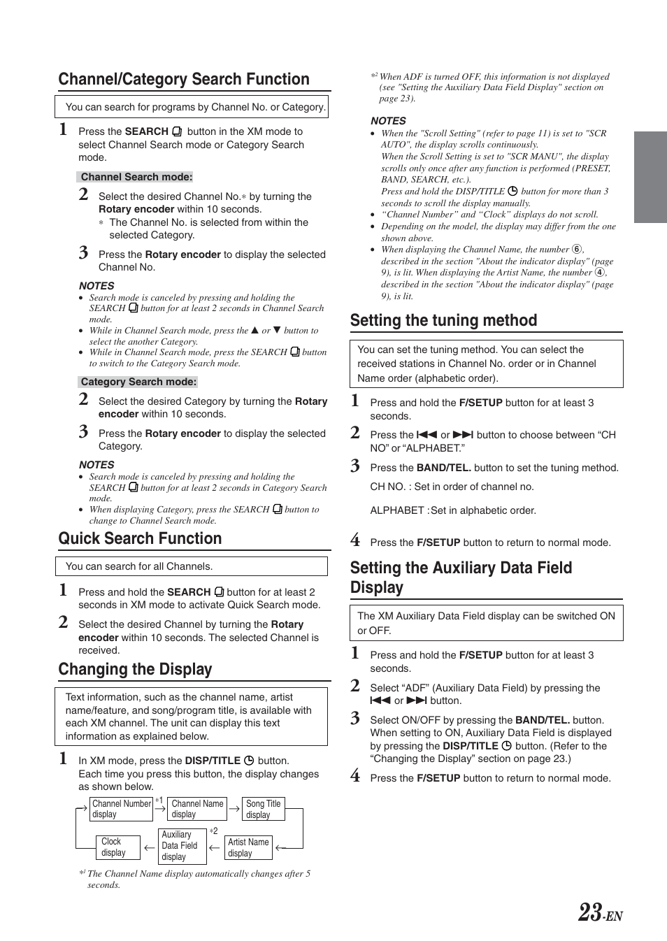 Channel / category search function, Quick search function, Changing the display | Setting the tuning method, Setting the auxiliary data field display, Channel/category search function | Alpine CDA-9826 User Manual | Page 25 / 42