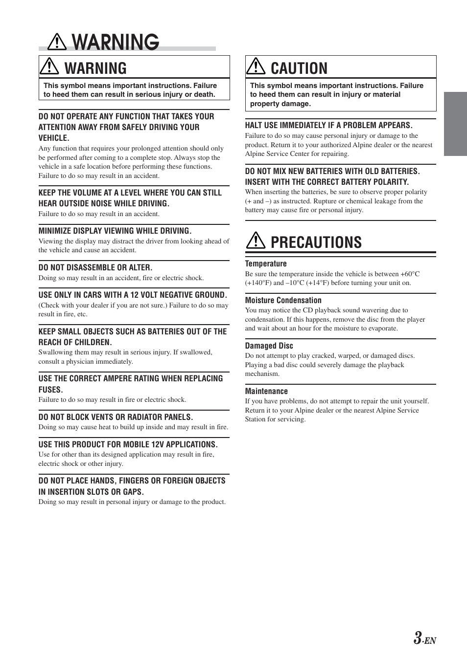 Warning, Caution, Precautions | Alpine CDA-9826 User Manual | Page 5 / 42