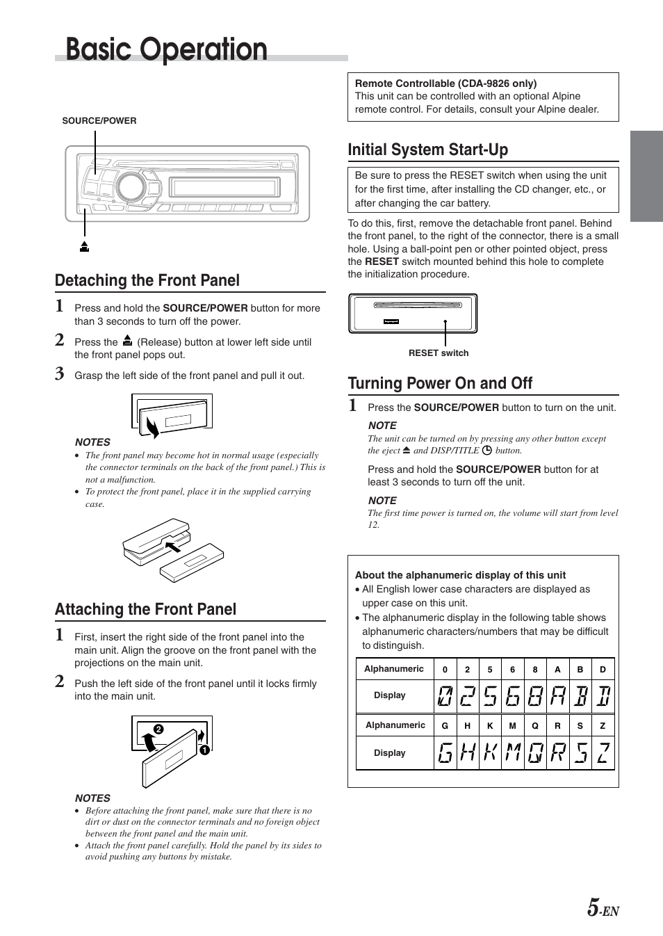Basic operation, Attaching / removing faceplate, Initial system startup | Power on / off, Detaching the front panel, Attaching the front panel, Initial system start-up, Turning power on and off | Alpine CDA-9826 User Manual | Page 7 / 42