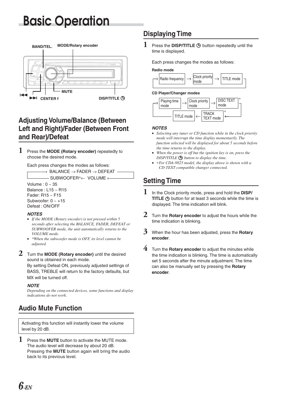 Balance / fader / defeat, Mute, Displaying time | Setting clock, Basic operation, Audio mute function, Setting time | Alpine CDA-9826 User Manual | Page 8 / 42