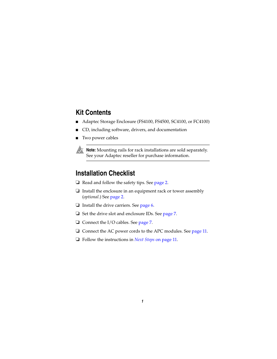 Kit contents, Installation checklist | Adaptec FS4100 User Manual | Page 2 / 13