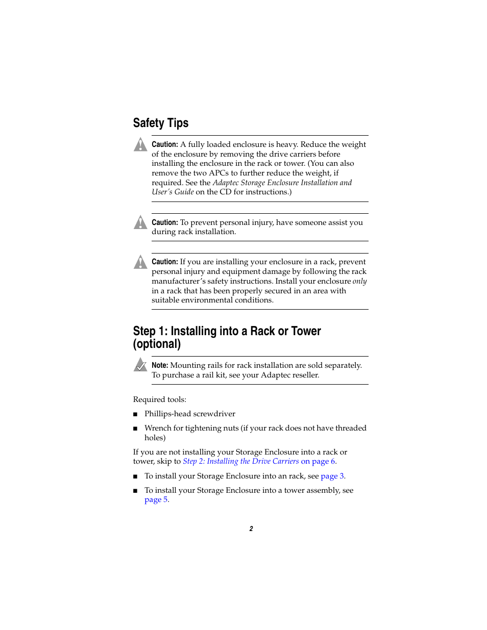 Safety tips, Step 1: installing into a rack or tower (optional) | Adaptec FS4100 User Manual | Page 3 / 13