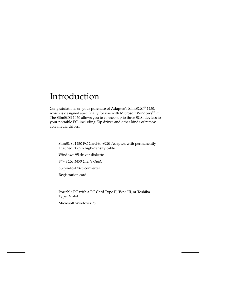 Introduction, Contents of kit, System requirements | Introduction 1, Contents of kit 1 system requirements 1 | Adaptec 1450 User Manual | Page 7 / 30