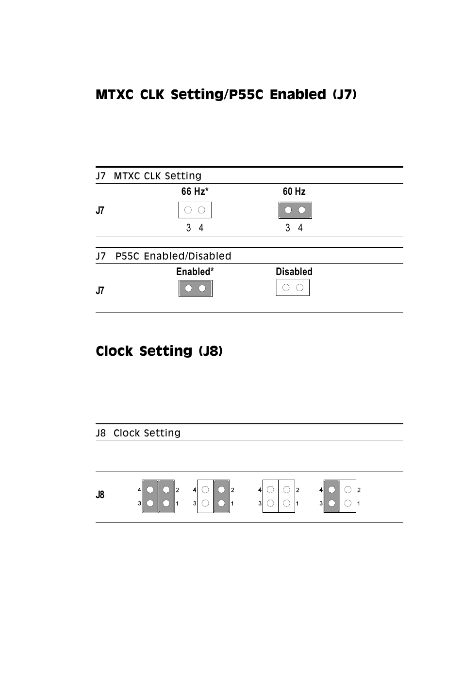 Mtxc clk setting/p55c enabled (j7), Clock setting (j8) | Adaptec SBC-599 User Manual | Page 26 / 120