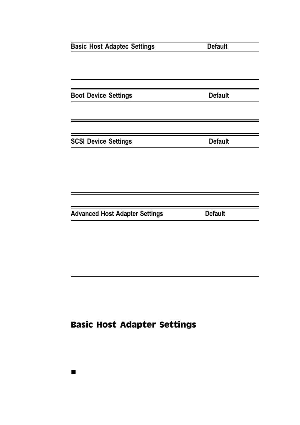 Basic host adapter settings, Basic host adaptec settings default, Boot device settings default | Scsi device settings default, Advanced host adapter settings default | Adaptec SBC-599 User Manual | Page 81 / 120