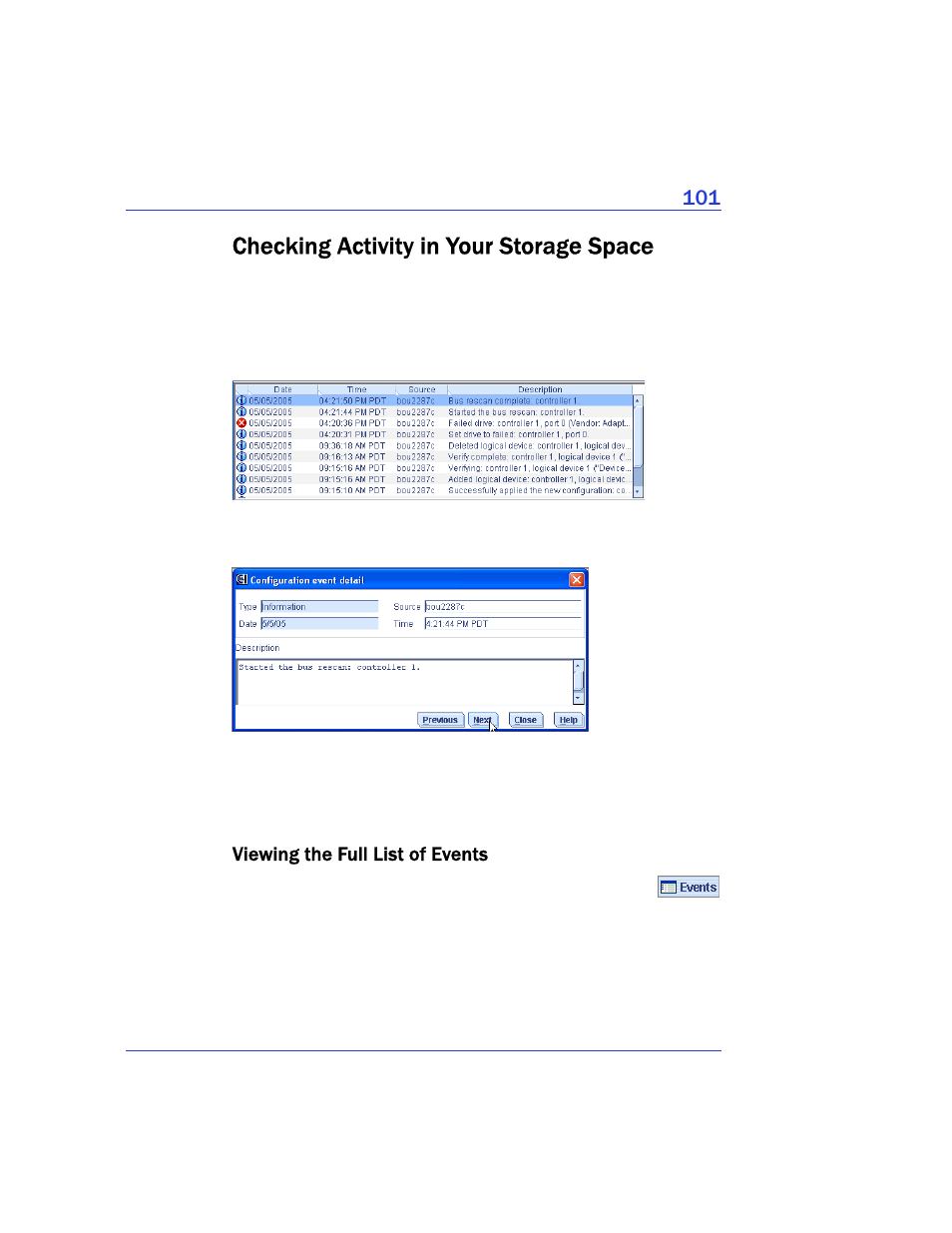 Checking activity in your storage space, Viewing the full list of events | Adaptec Storage Manager User Manual | Page 102 / 191