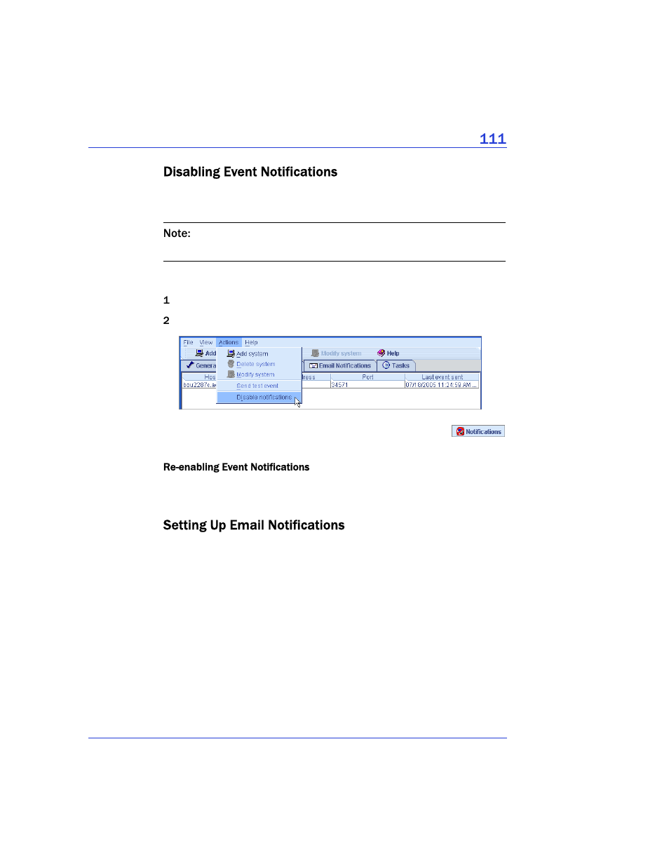 Disabling event notifications, Setting up email notifications | Adaptec Storage Manager User Manual | Page 112 / 191