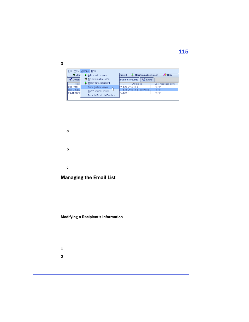 Managing the email list | Adaptec Storage Manager User Manual | Page 116 / 191