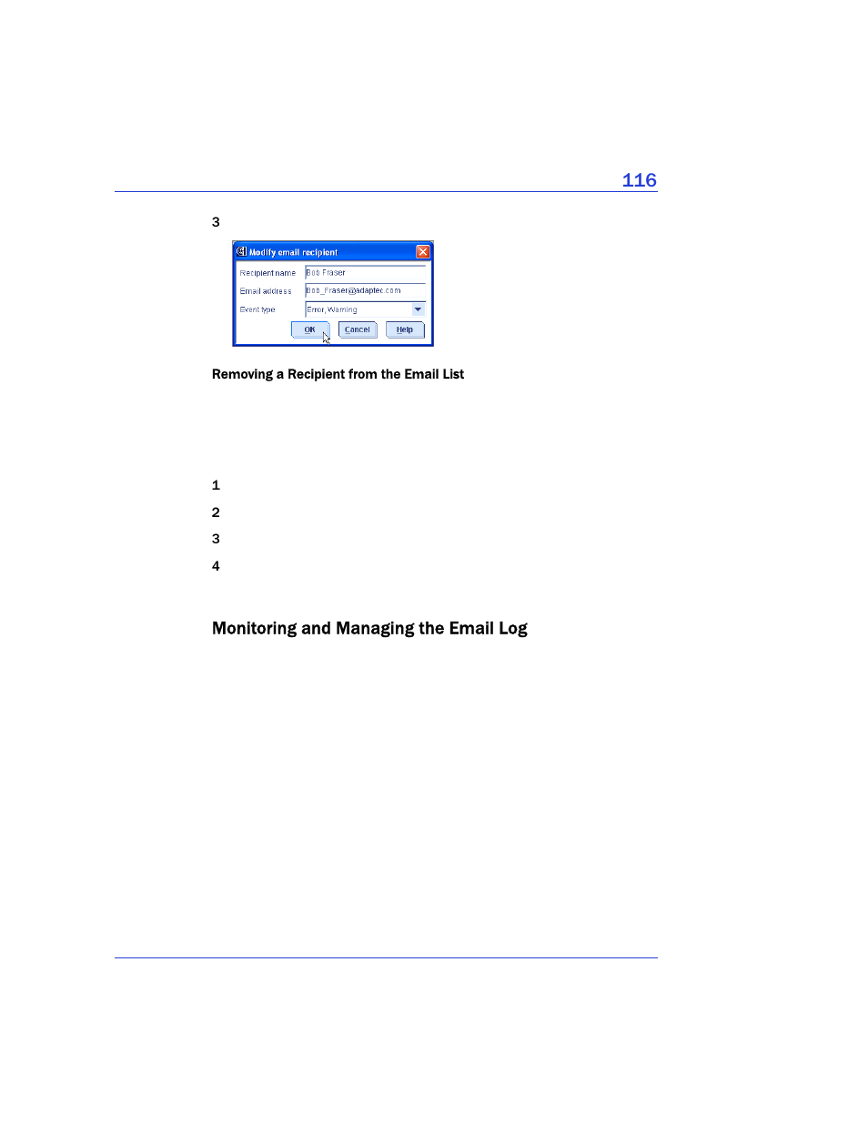 Monitoring and managing the email log, T, see | Adaptec Storage Manager User Manual | Page 117 / 191