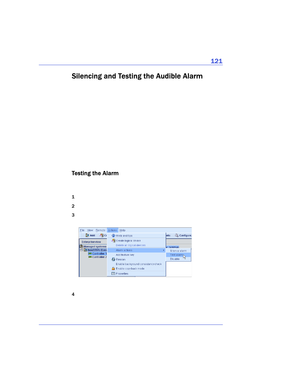 Silencing and testing the audible alarm, Testing the alarm | Adaptec Storage Manager User Manual | Page 122 / 191